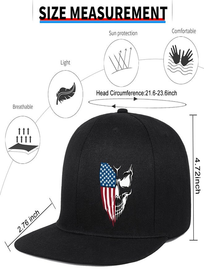 FACITE Skull American Flag Hat Snapback Hats for Men Flat Bill Hats for Men Fitted Black Baseball Cap Rock Hip Hop Cool Trucker hat for Mens Skeleton Flat Brim dad Gifts Skateboard Accessories - Image 3